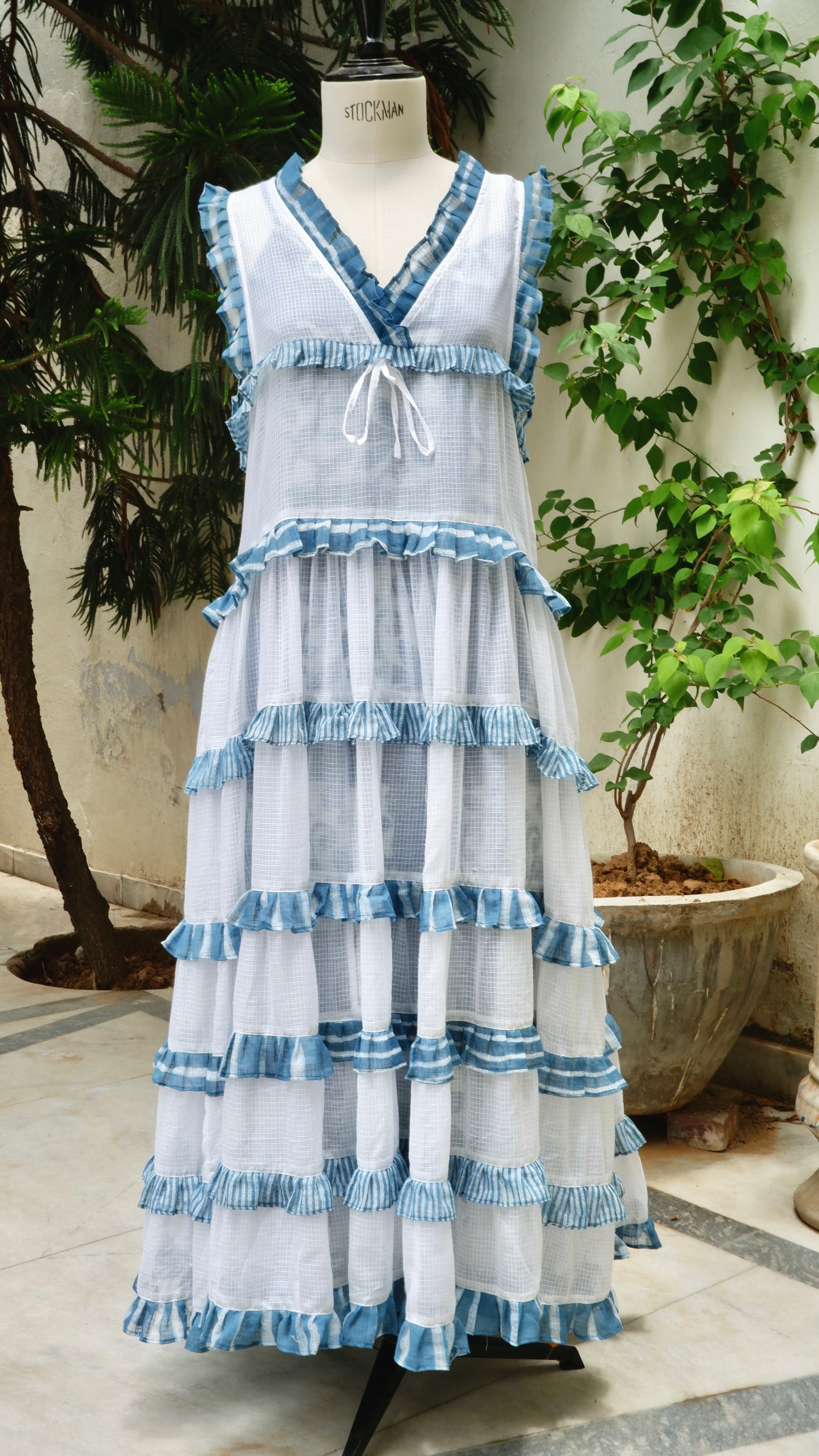 Indigo Dabu Printed Ruffles Kota Doria Dress