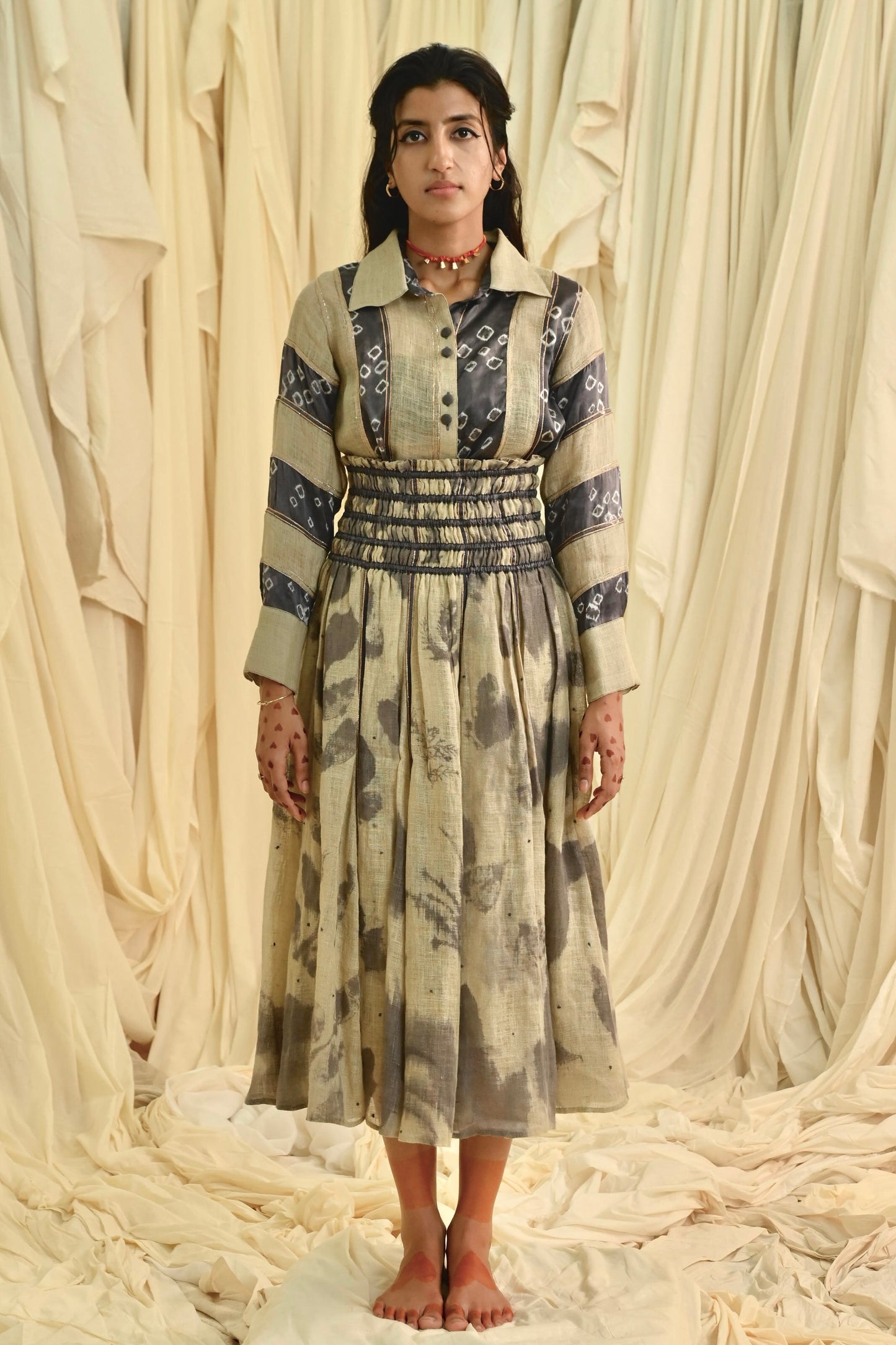 Grey Beige bandhani silk shirt and eco printed skirt Co-ord set