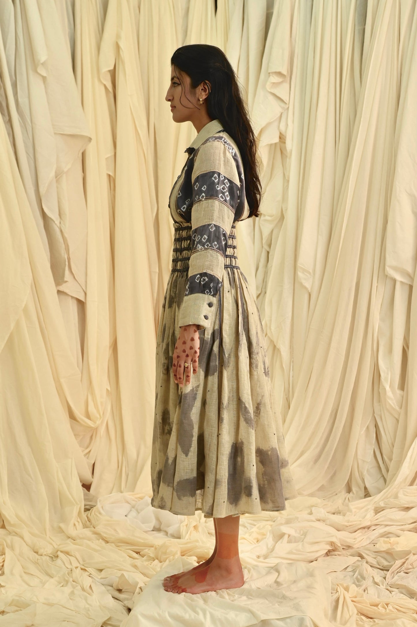 Grey Beige bandhani silk shirt and eco printed skirt Co-ord set