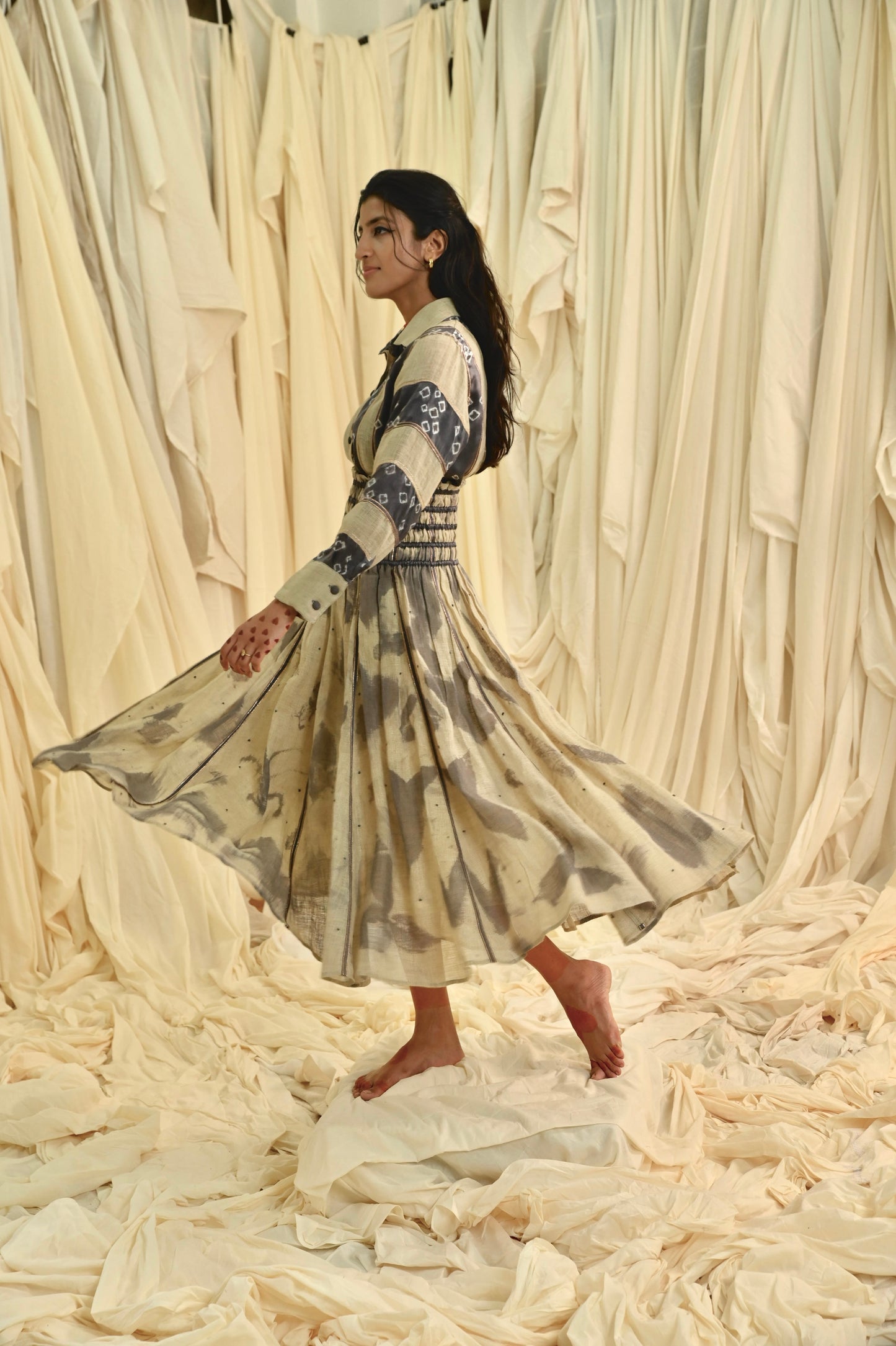 Grey Beige bandhani silk shirt and eco printed skirt Co-ord set