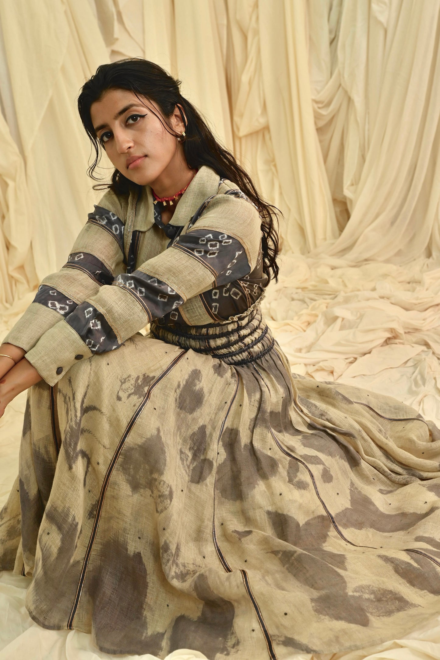 Grey Beige bandhani silk shirt and eco printed skirt Co-ord set