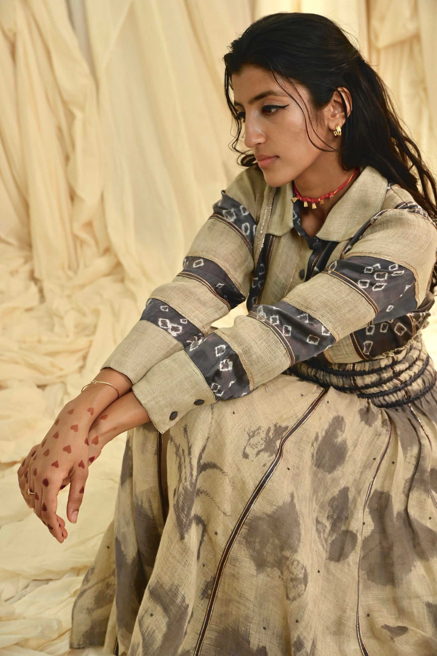 Grey Beige bandhani silk shirt and eco printed skirt Co-ord set