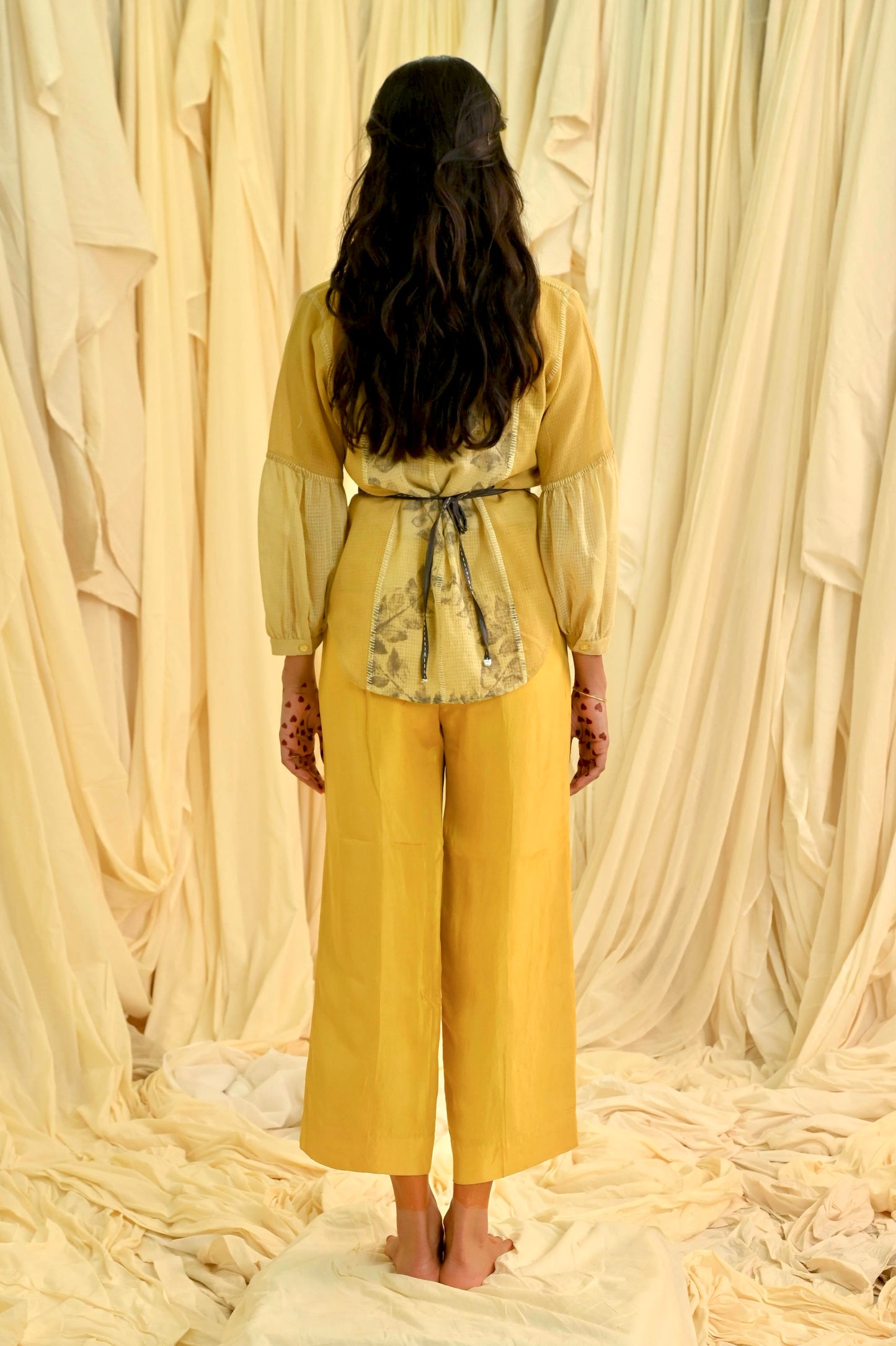 Yellow eco printed panelled shirt