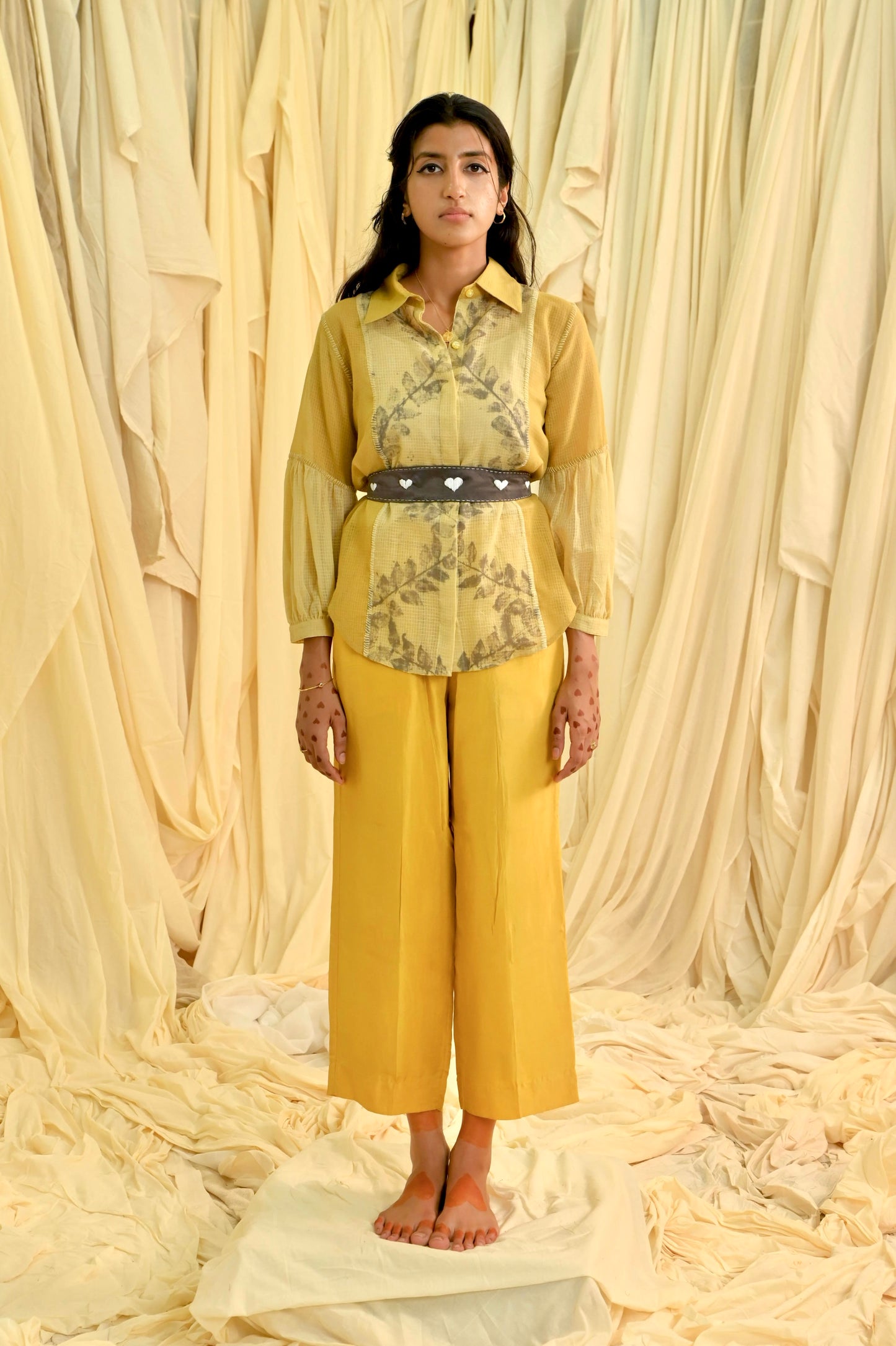 Yellow eco printed panelled shirt