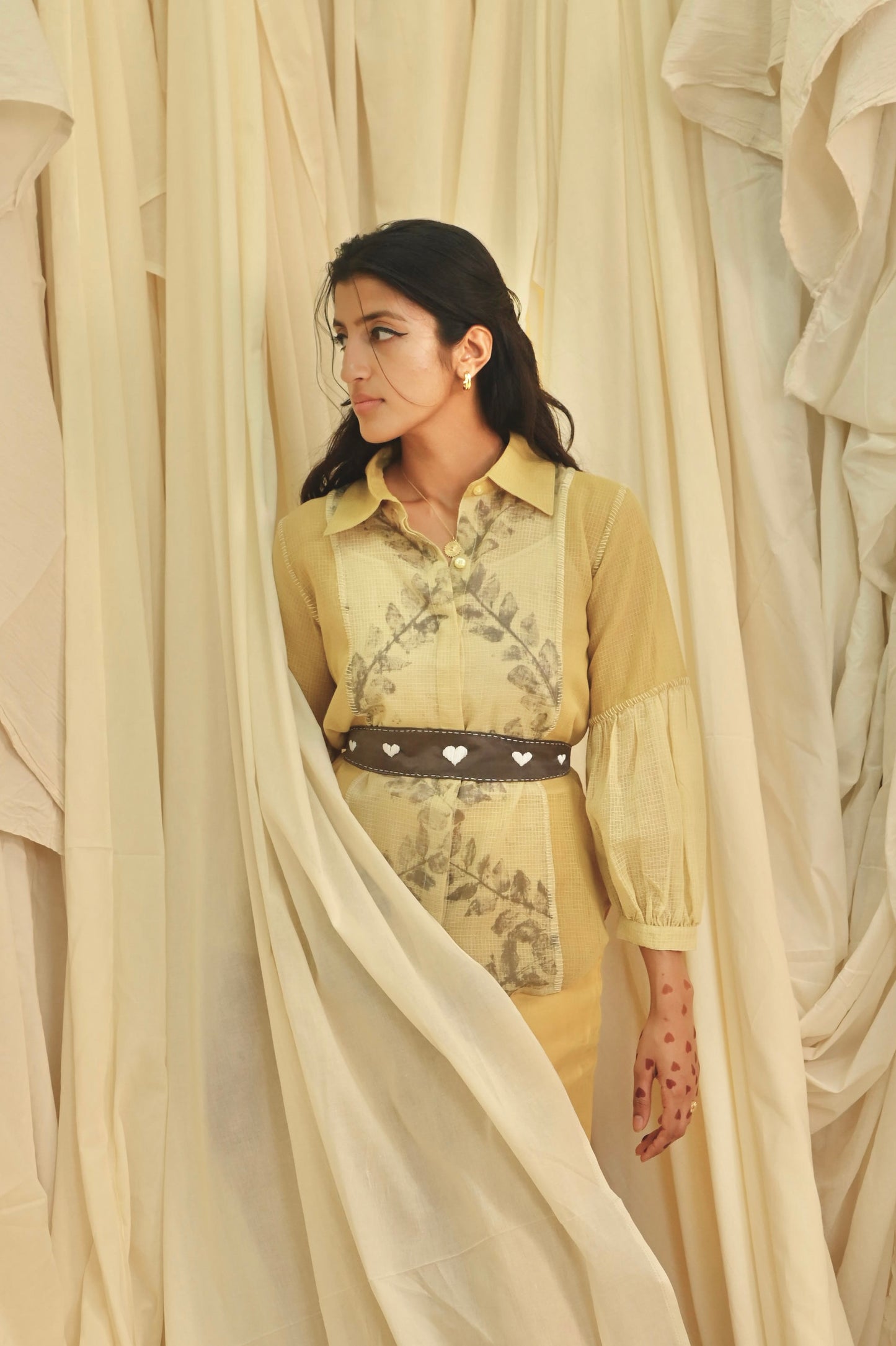 Yellow eco printed panelled shirt