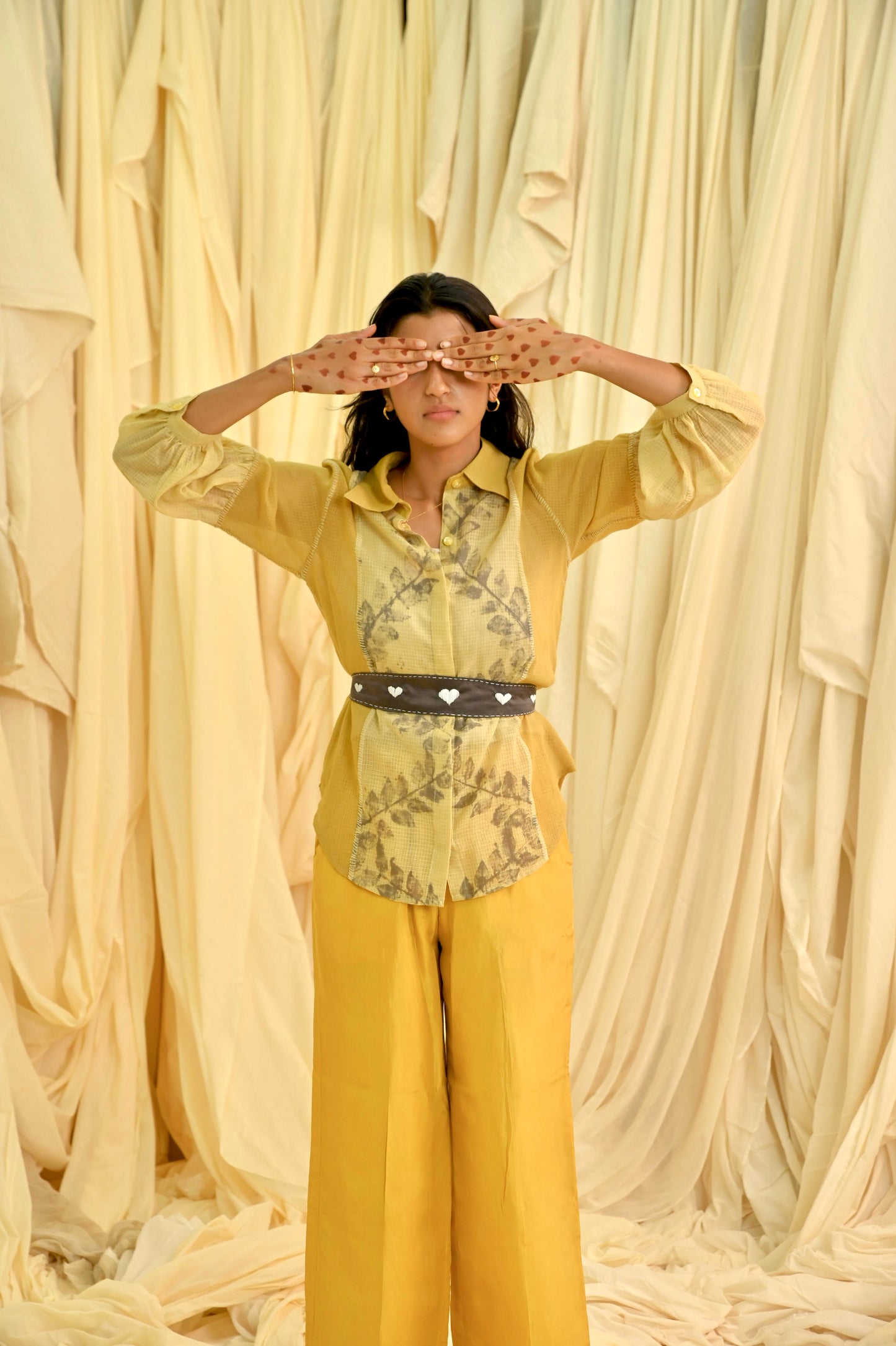 Yellow eco printed panelled shirt