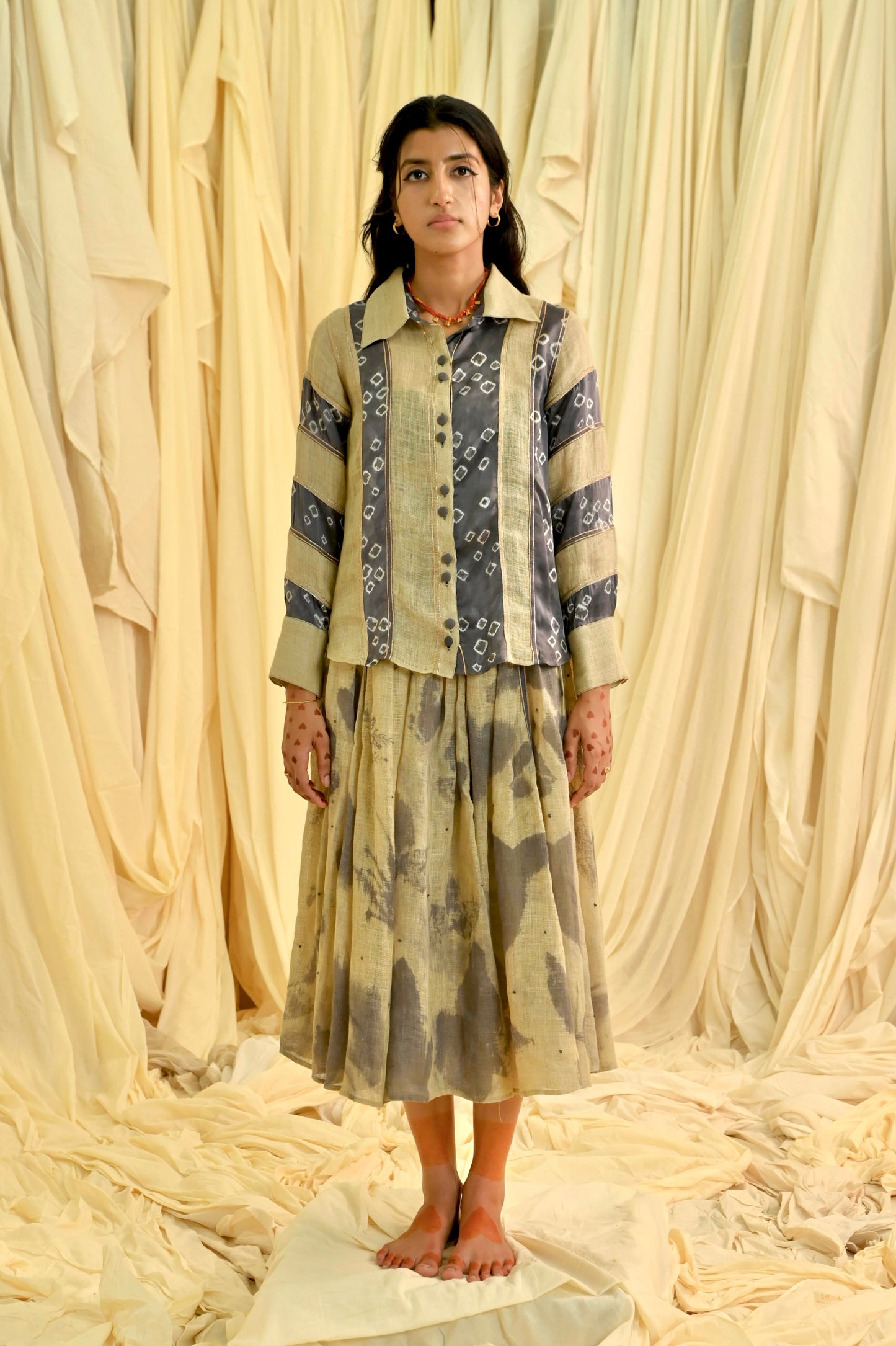 Grey Beige bandhani silk shirt