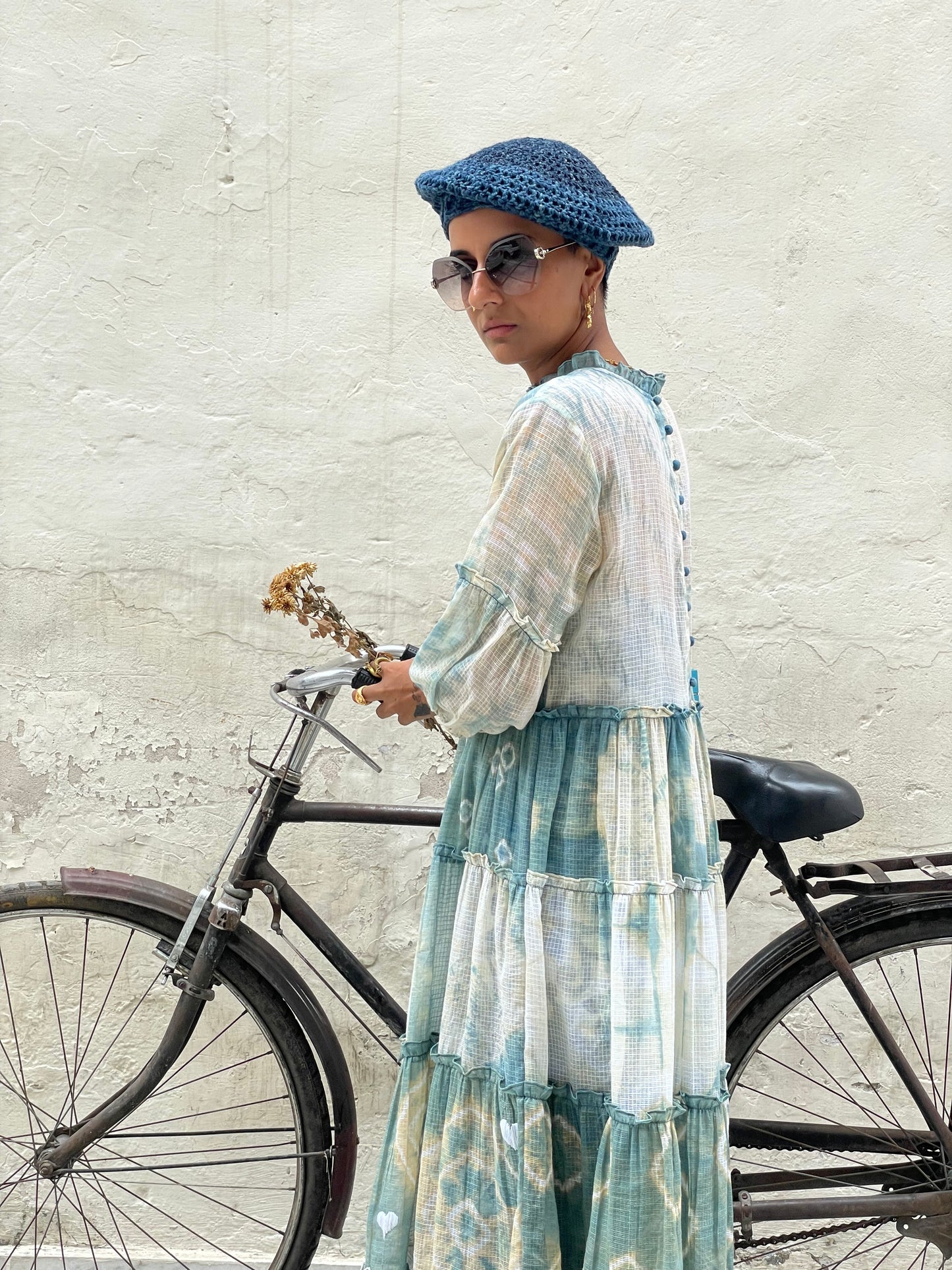 Indigo Shibori with White Hearts Kota Doria Dress