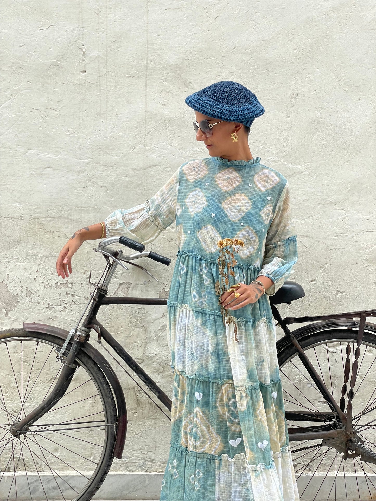 Indigo Shibori with White Hearts Kota Doria Dress