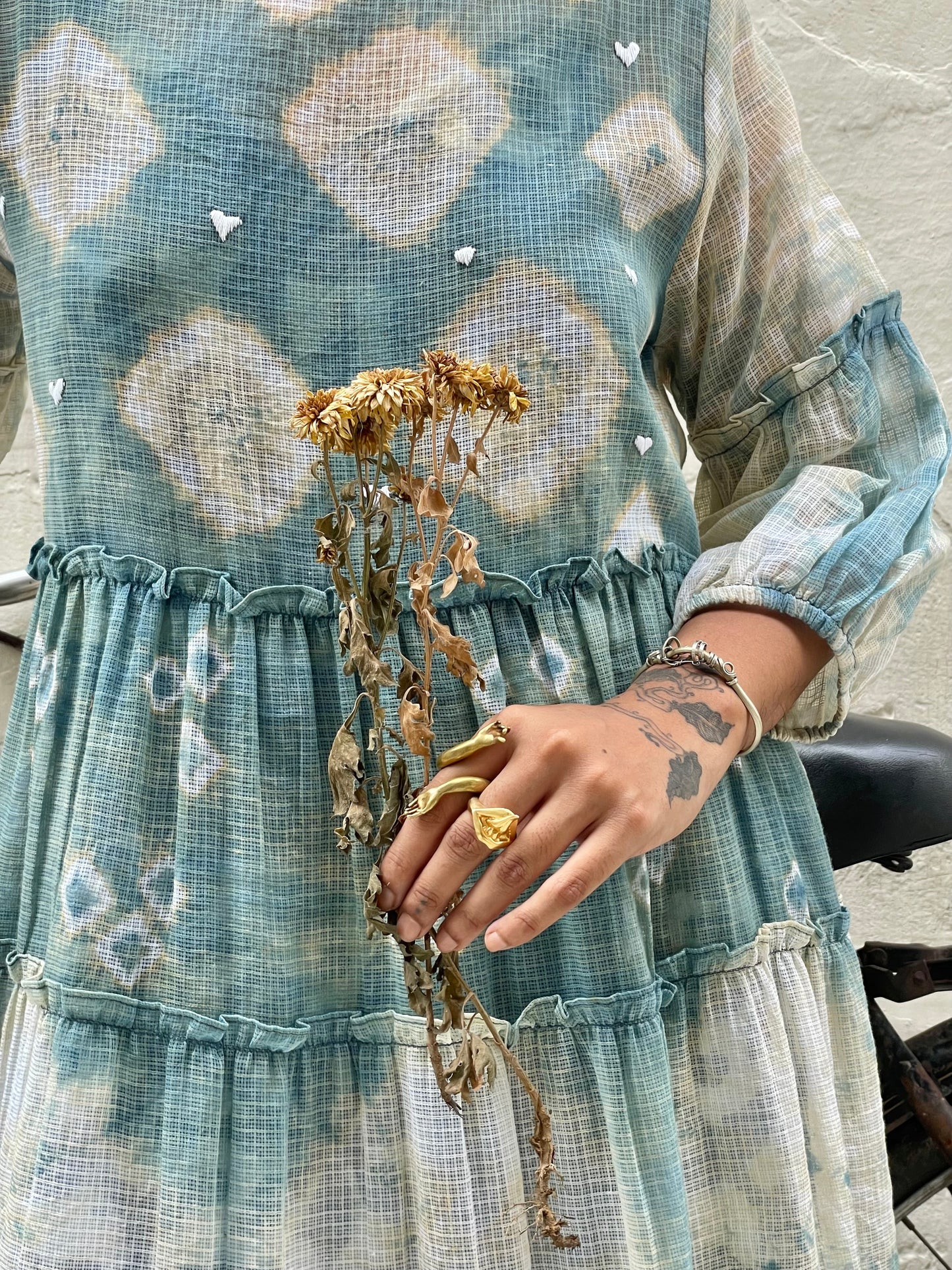 Indigo Shibori with White Hearts Kota Doria Dress