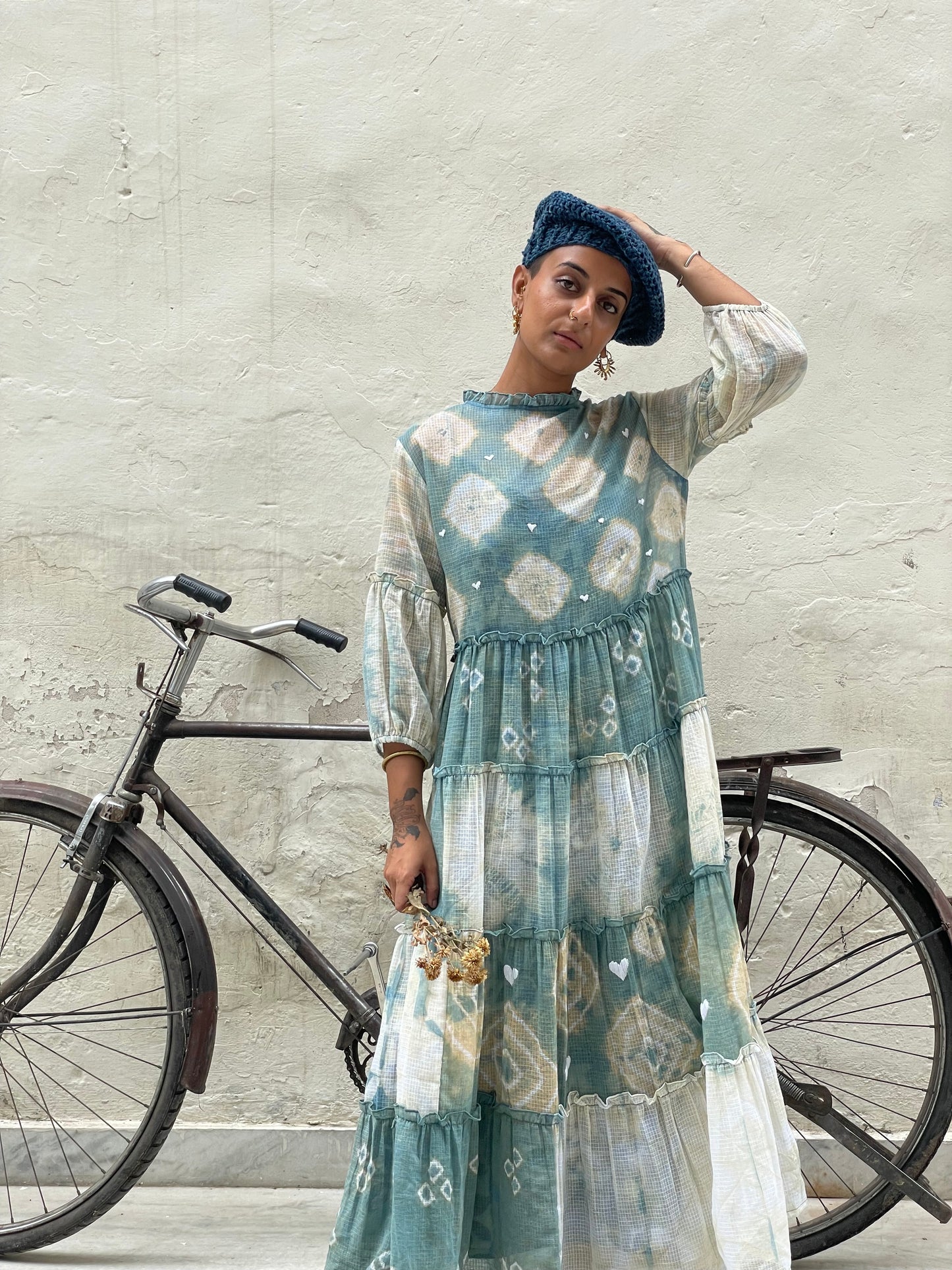 Indigo Shibori with White Hearts Kota Doria Dress