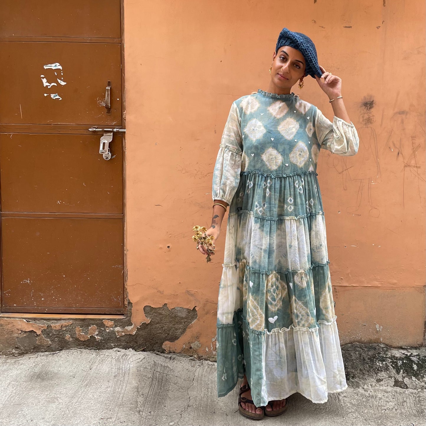 Indigo Shibori with White Hearts Kota Doria Dress