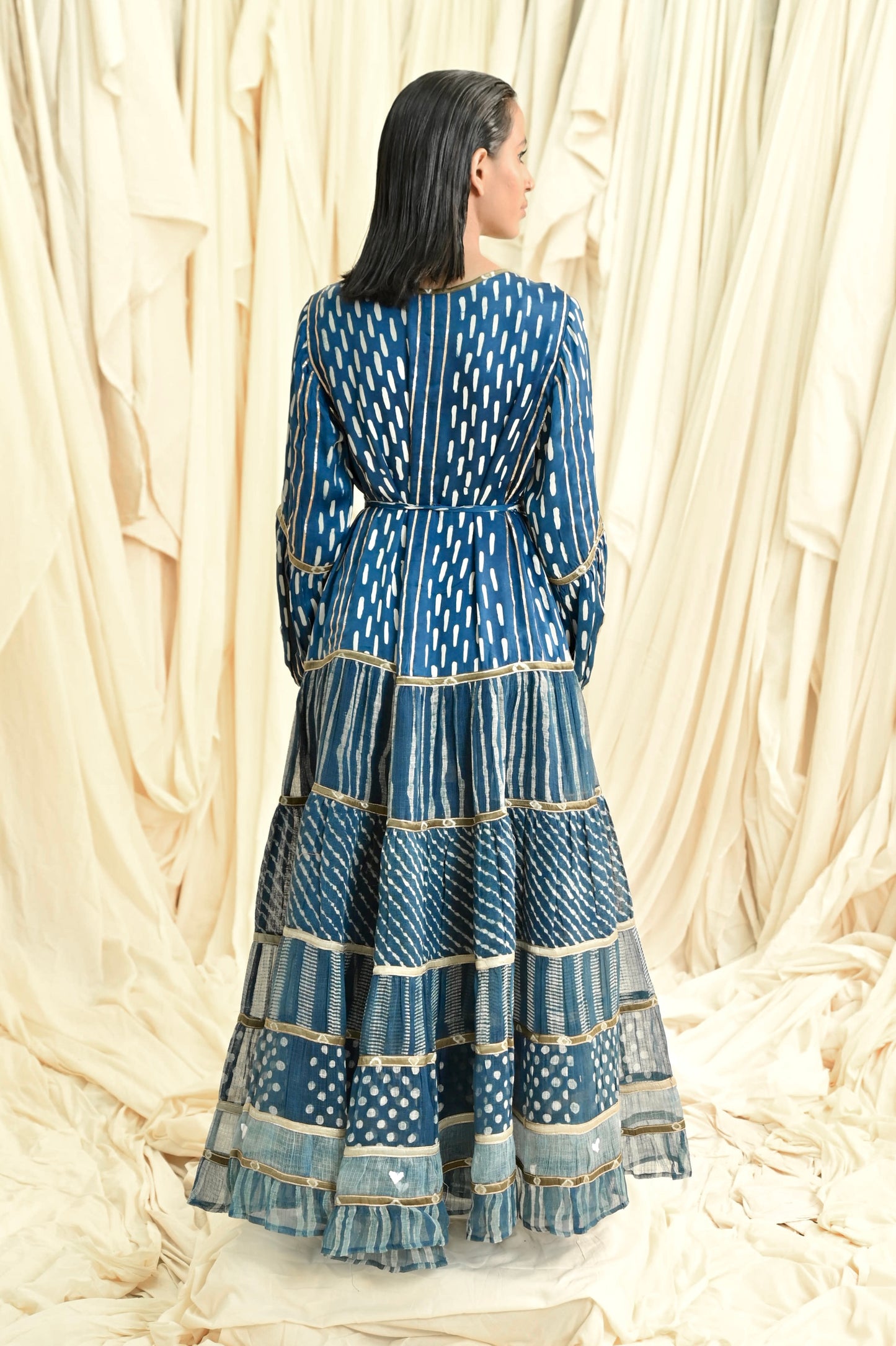 Indigo dabu printed six tiers dress