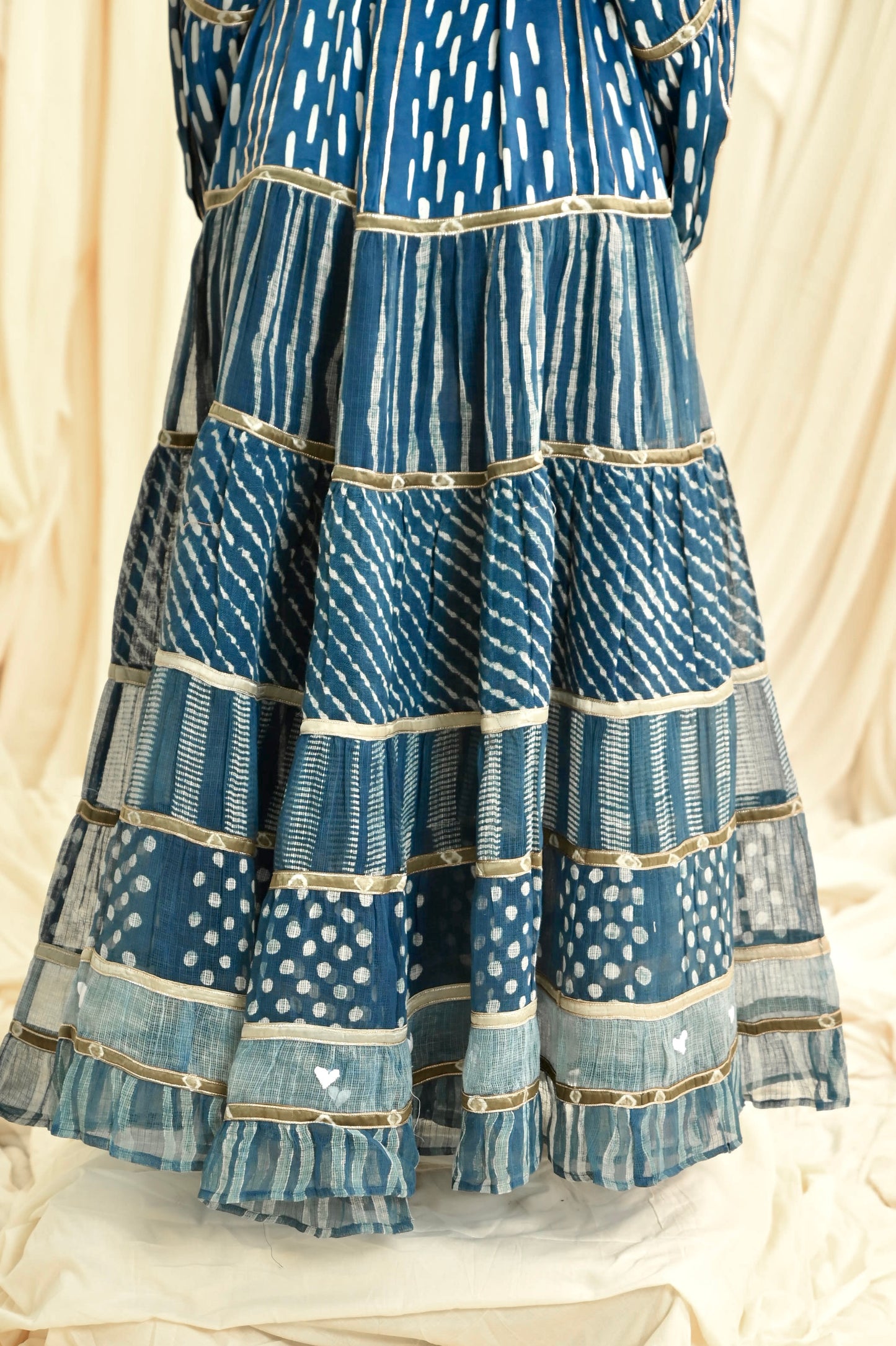 Indigo dabu printed six tiers dress