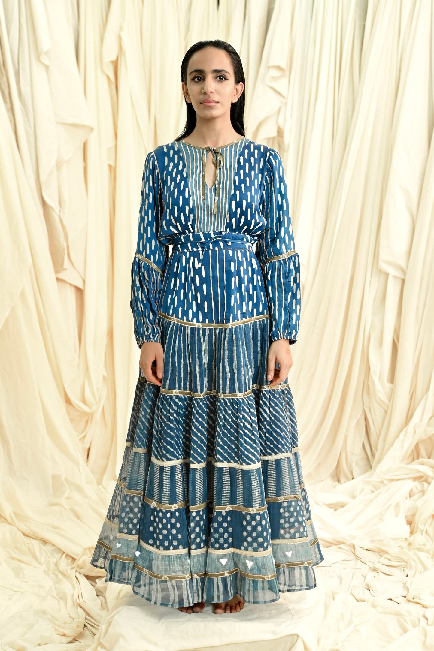 Indigo dabu printed six tiers dress