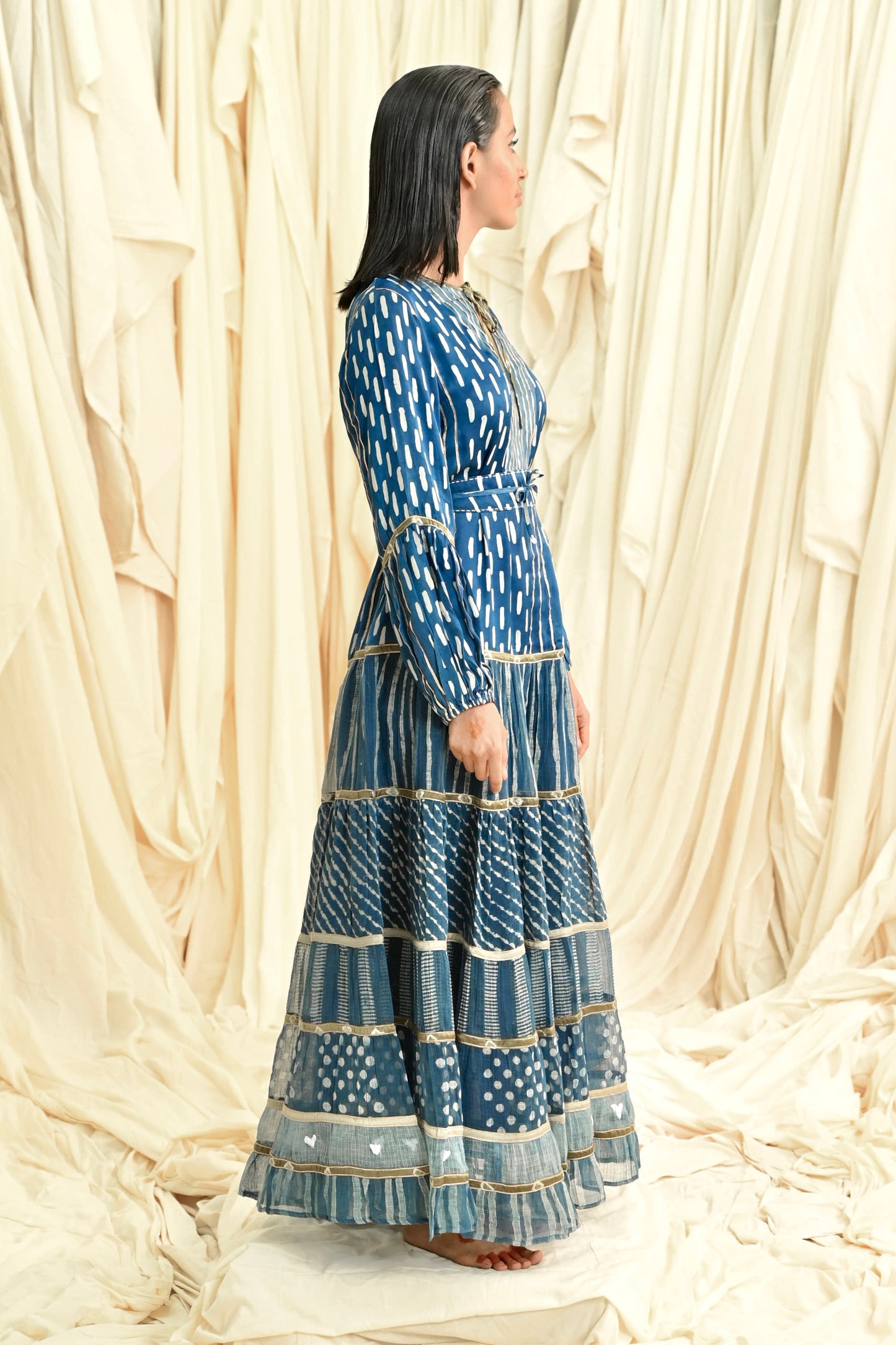 Indigo dabu printed six tiers dress