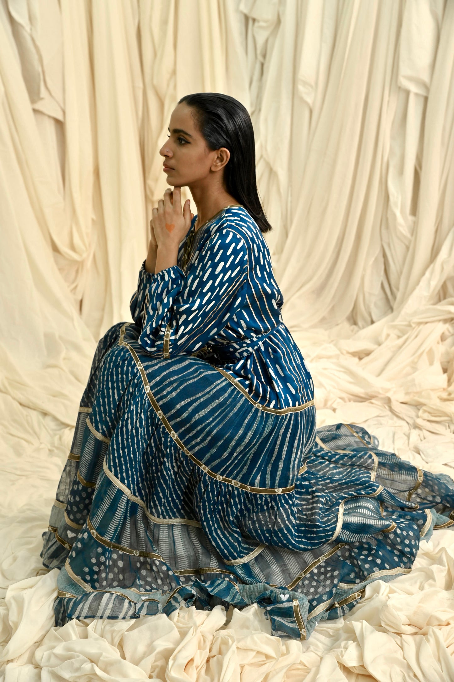 Indigo dabu printed six tiers dress