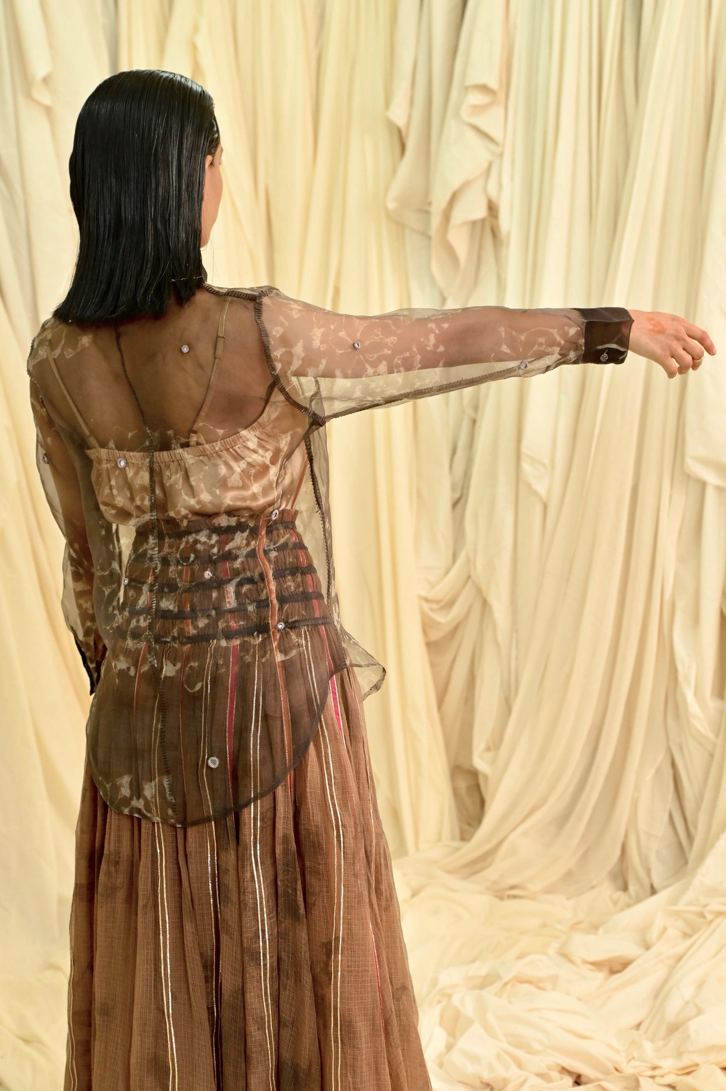 Brown dabu print with mirror embroidery organza shirt
