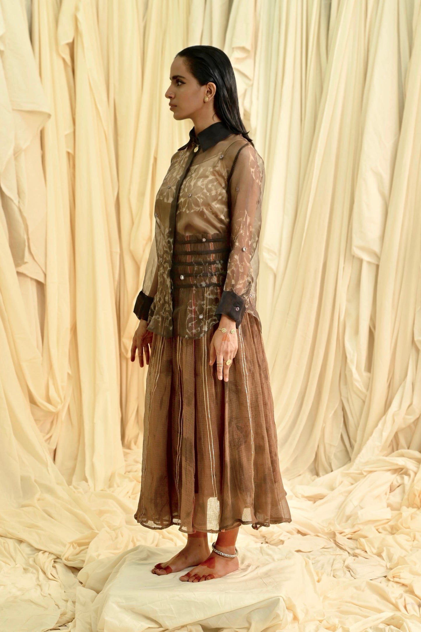 Brown dabu print with mirror embroidery organza shirt