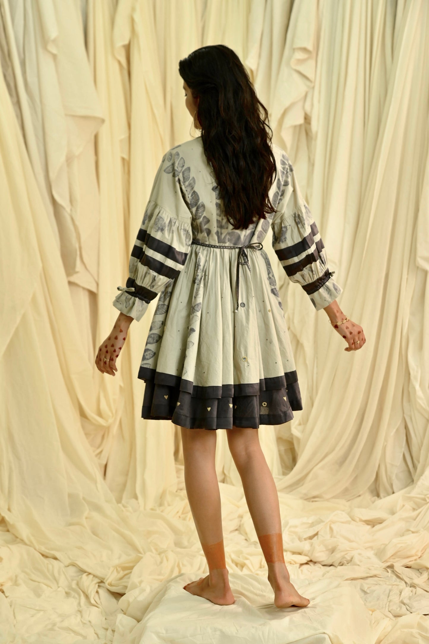 Beige eco-printed two layered dress