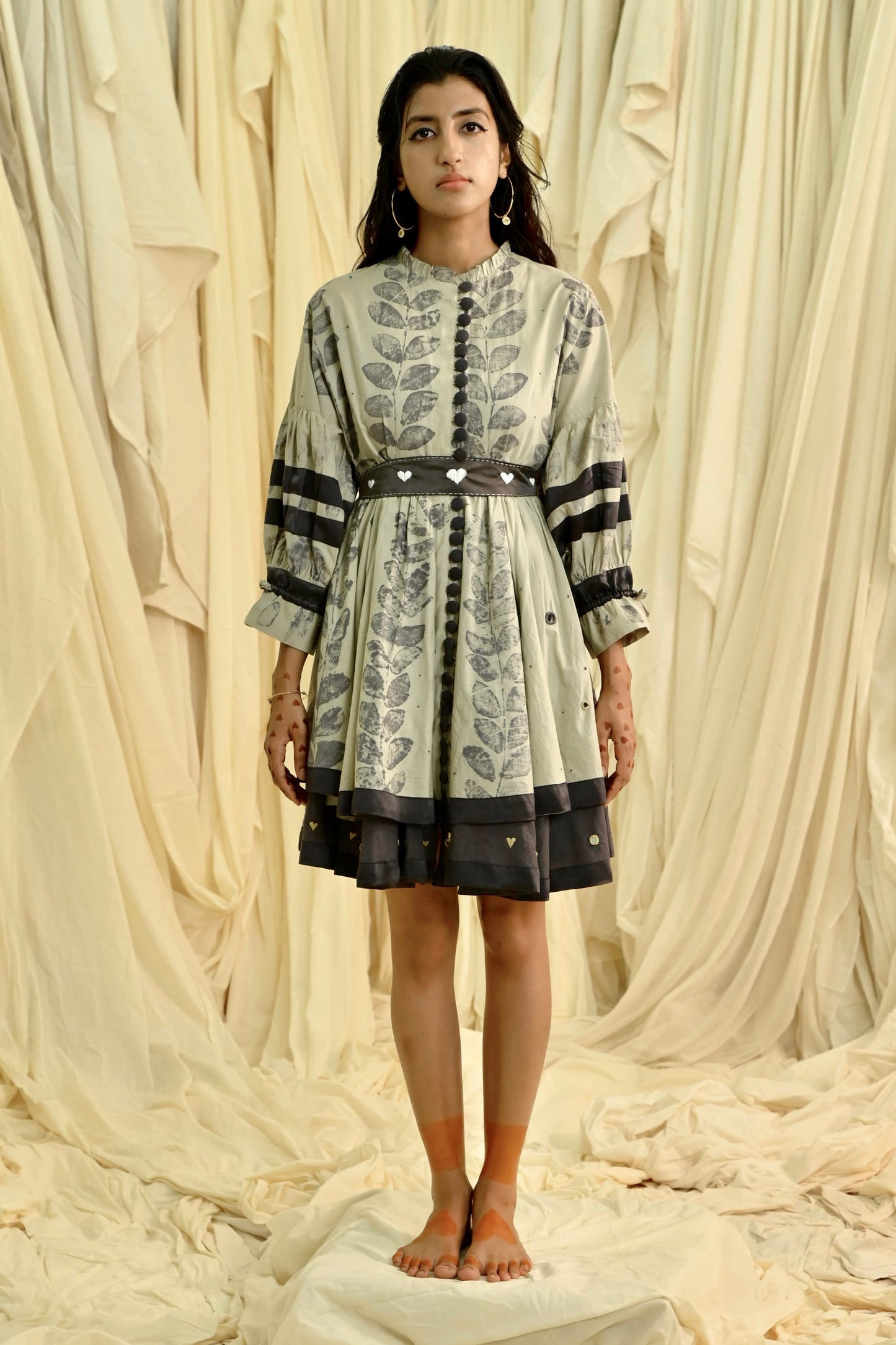 Beige eco-printed two layered dress