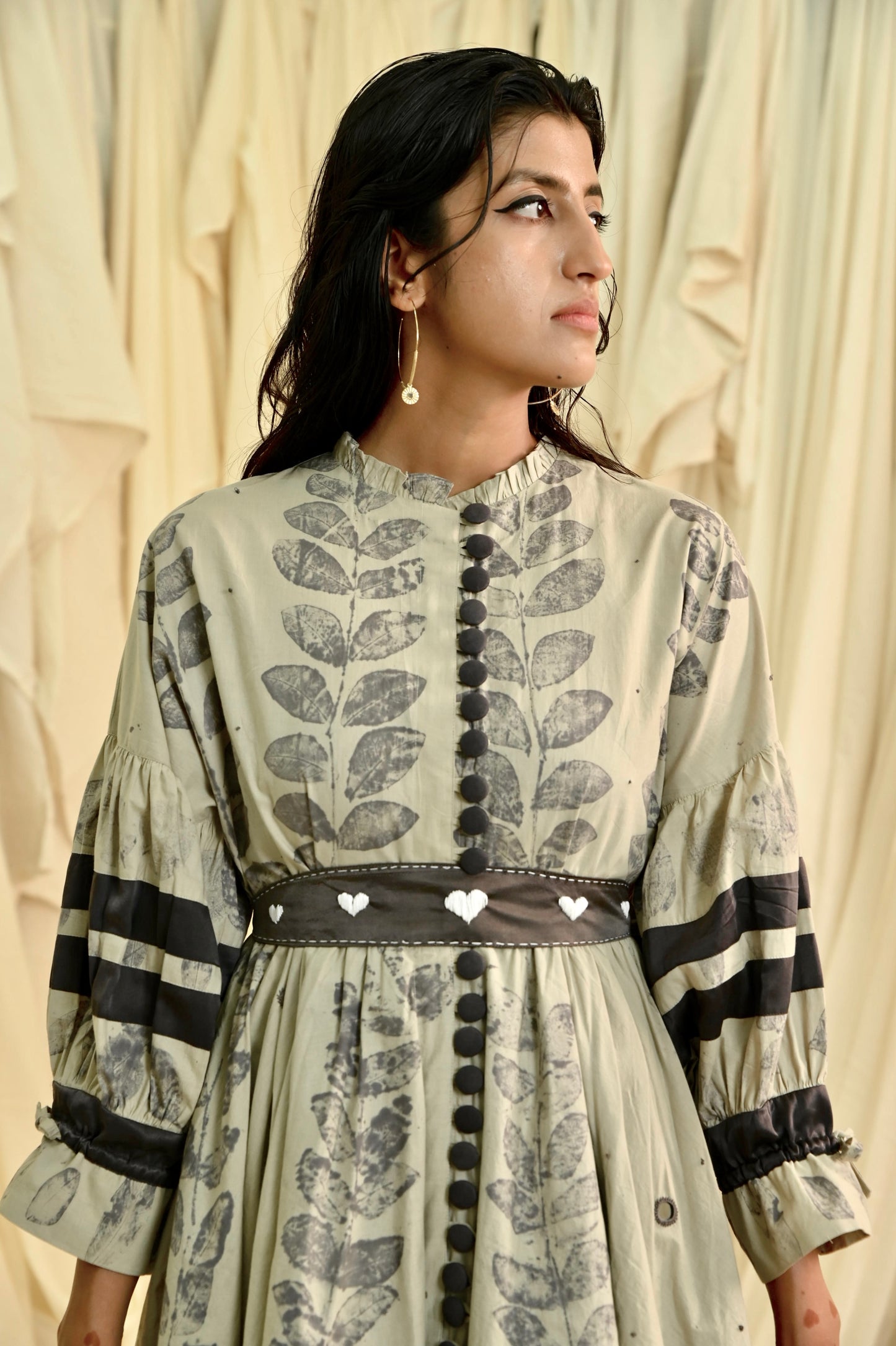Beige eco-printed two layered dress