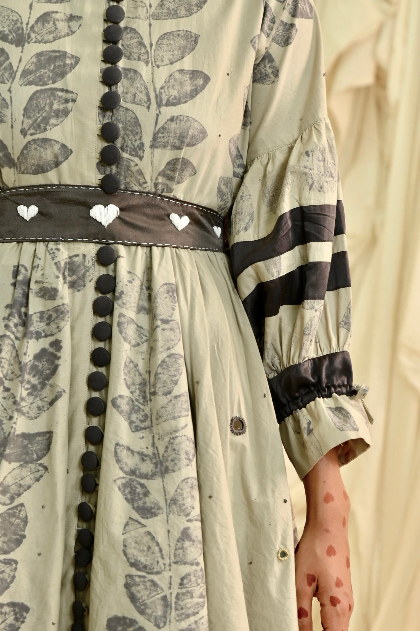 Beige eco-printed two layered dress