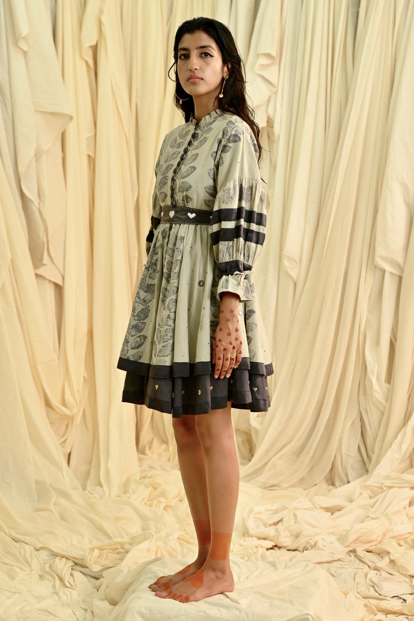 Beige eco-printed two layered dress