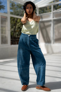 organic Indigo dyed Blue naturally dyed pants for women, made from 100% handloom cotton, styled casually.