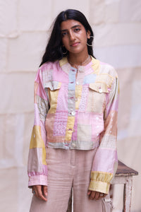 Woman wearing HeenaAgrima's Coco Chanderi Silk Jacket, a pastel-colored quilted jacket against a neutral background