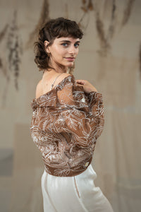 Woman wearing HeenaAgrima's Jaisalmer Jacket, a brown floral jacket against a neutral background. 