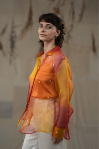 Woman wearing HeenaAgrima's  Cuore w Hearts Shirts a colorful, sheer blouse with a blurred background