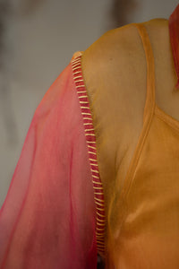 Woman wearing HeenaAgrima's  Cuore w Hearts Shirts a colorful, sheer blouse with a blurred background