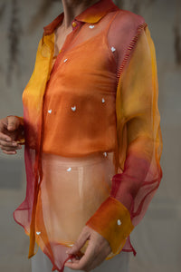Woman wearing HeenaAgrima's  Cuore w Hearts Shirts a colorful, sheer blouse with a blurred background