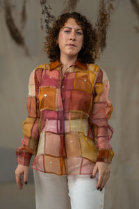 Woman wearing HeenaAgrima's Warm Indradhanush Silk Organza Shirt, a patchwork shirt with a neutral background