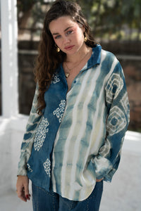 Blu Shibo Silk Shirt in indigo – hand-dyed with organic indigo using shibori techniques.