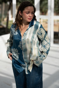 Satin silk shirt in deep indigo blue – crafted with itajime and bandhani shibori.