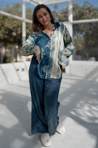 Women’s indigo shibori co-ord set with rhinestone embellishments – Heenaagrima Jaipur