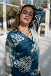 Blu Shibo Shirt front view in indigo – relaxed fit shirt, natural dye, handcrafted designerwear in jaipur. shop in jaipur.