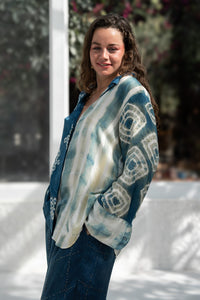 Side view of indigo shibori silk shirt – slow natural dyes fashion from Jaipur by Heenaagrima. 