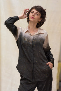 Woman wearing HenaAgrima's Papilio Satin Silk Shirt, a black and gray gradient outfit against a neutral background