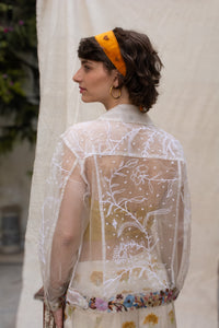 Woman wearing a floral white jacket, made in organza, named bloom 2.0 by designers HeenaAgrima with a sheer overlay against a neutral background