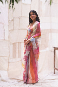 A woman standing outdoors wearing HeenaAgrima's Heera Silk Organza Sari, a traditional saree with multicolored organza fabric, embellished with scattered pearls and 3D flowers, and a delicate beadwork border.