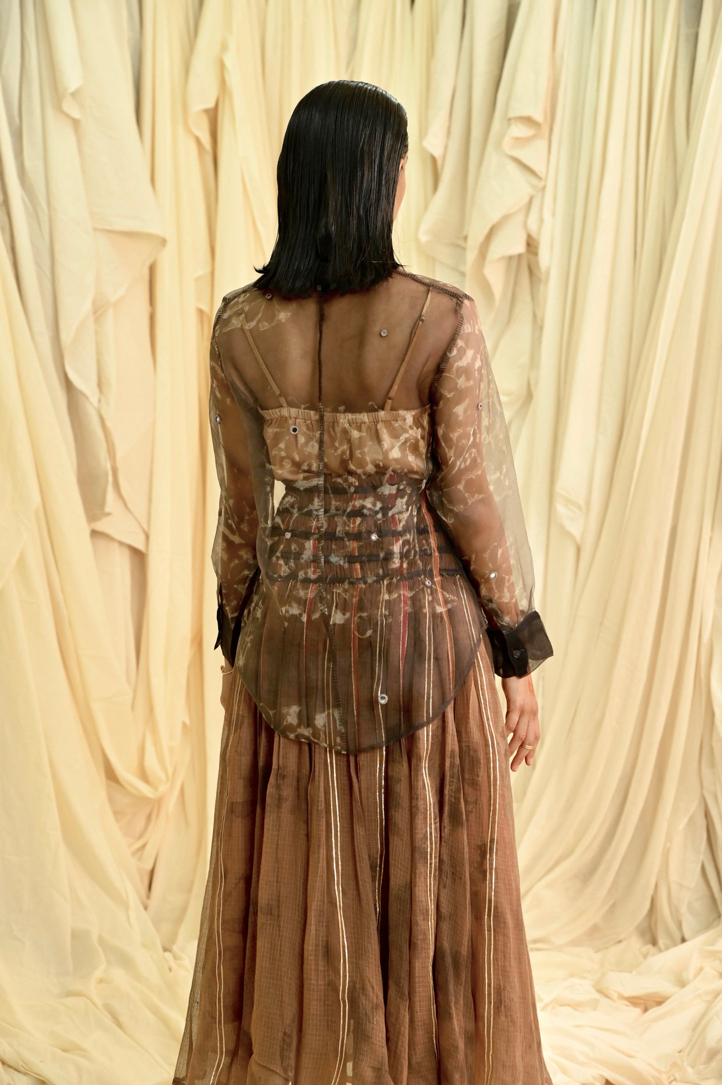 Brown dabu print with mirror embroidery organza shirt